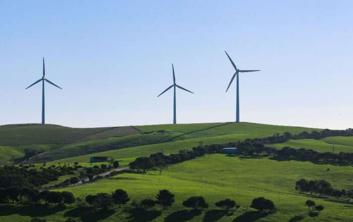 images d'un champ d'éoliennes avec en premier plan des colines pour l'article "Garanties d'Origine : définition et fonctionnement"