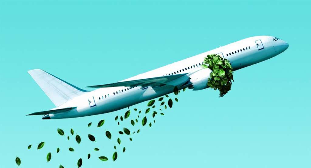 image d'un avion avec des feuilles qui sortent des réacteurs pour la page "Comment fonctionne la compensation carbone pour les entreprises ?"