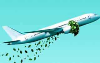 image d'un avion avec des feuilles qui sortent des réacteurs pour la page "Comment fonctionne la compensation carbone pour les entreprises ?"