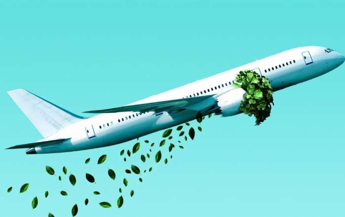 image d'un avion avec des feuilles qui sortent des réacteurs pour la page "Comment fonctionne la compensation carbone pour les entreprises ?"